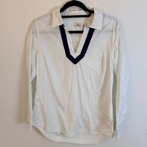 Vineyard Vines Womens White Cotton Poplin Tunic Navy Velvet Trim V-Neck Top S